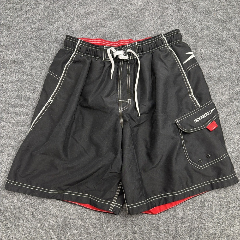 Speedoโ Mens Swim Trunks Size Large L Black Red Board Shorts Mesh Lined Cargo